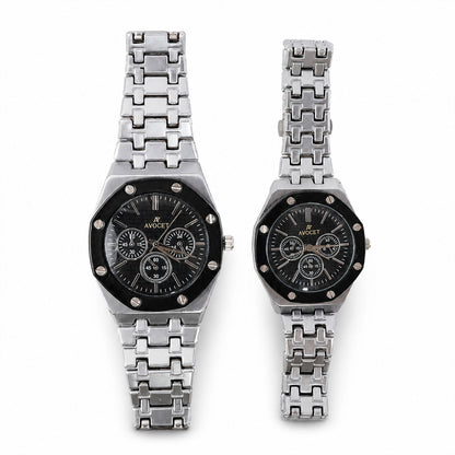 Silver Couple Watch Set with Black Dial Chronograph Style Metal Strap Design