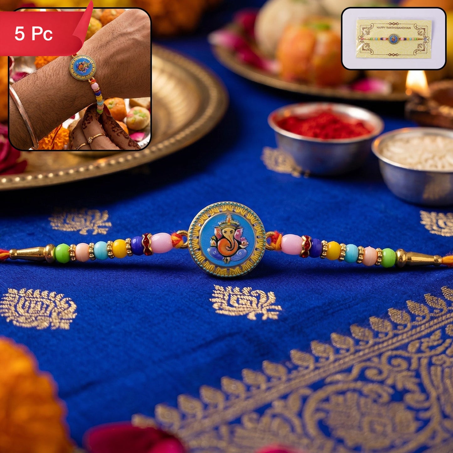 Shop Lord Ganesha Round Coin Designer Rakhi for Raksha Bandhan (5pcs)