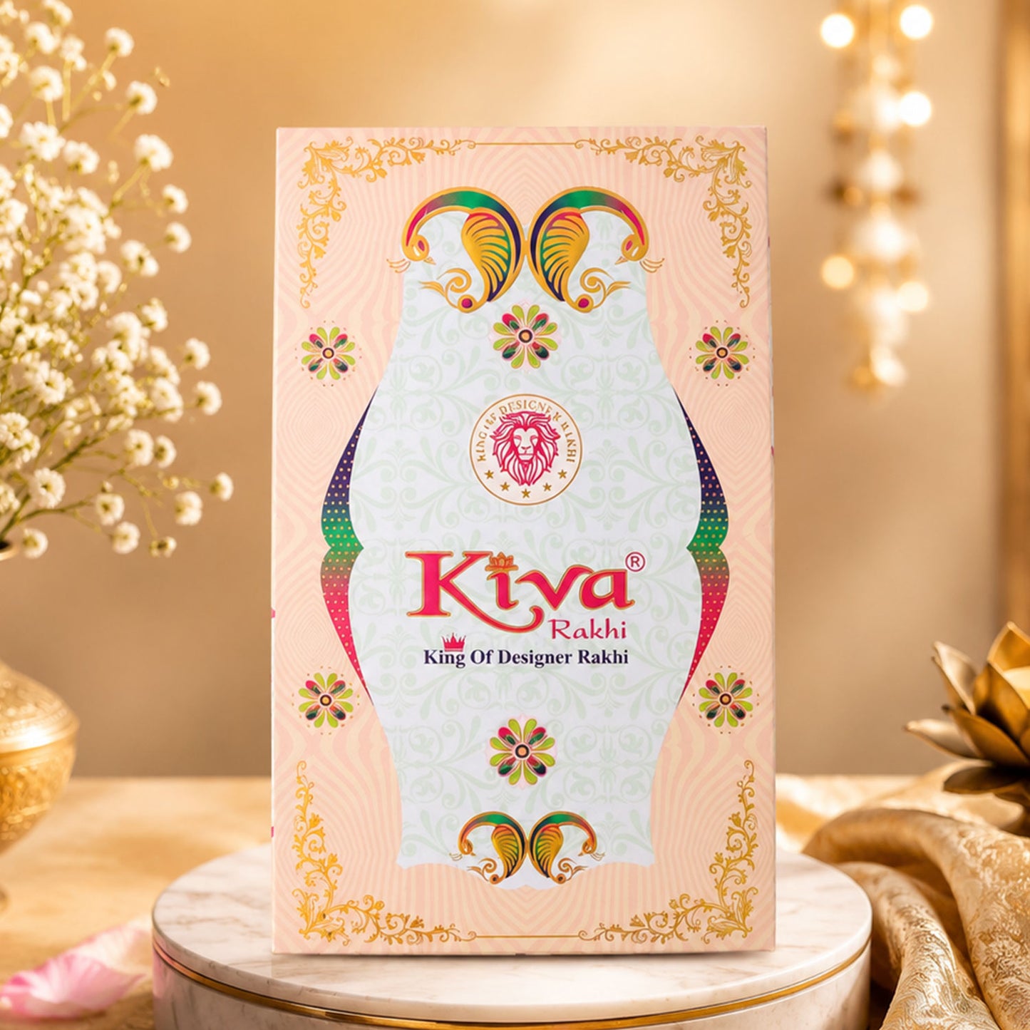 Multicolor Floral Chakra Rakhi with Pearl Beads, Roli Chawal Coin and Peacock Card Packing