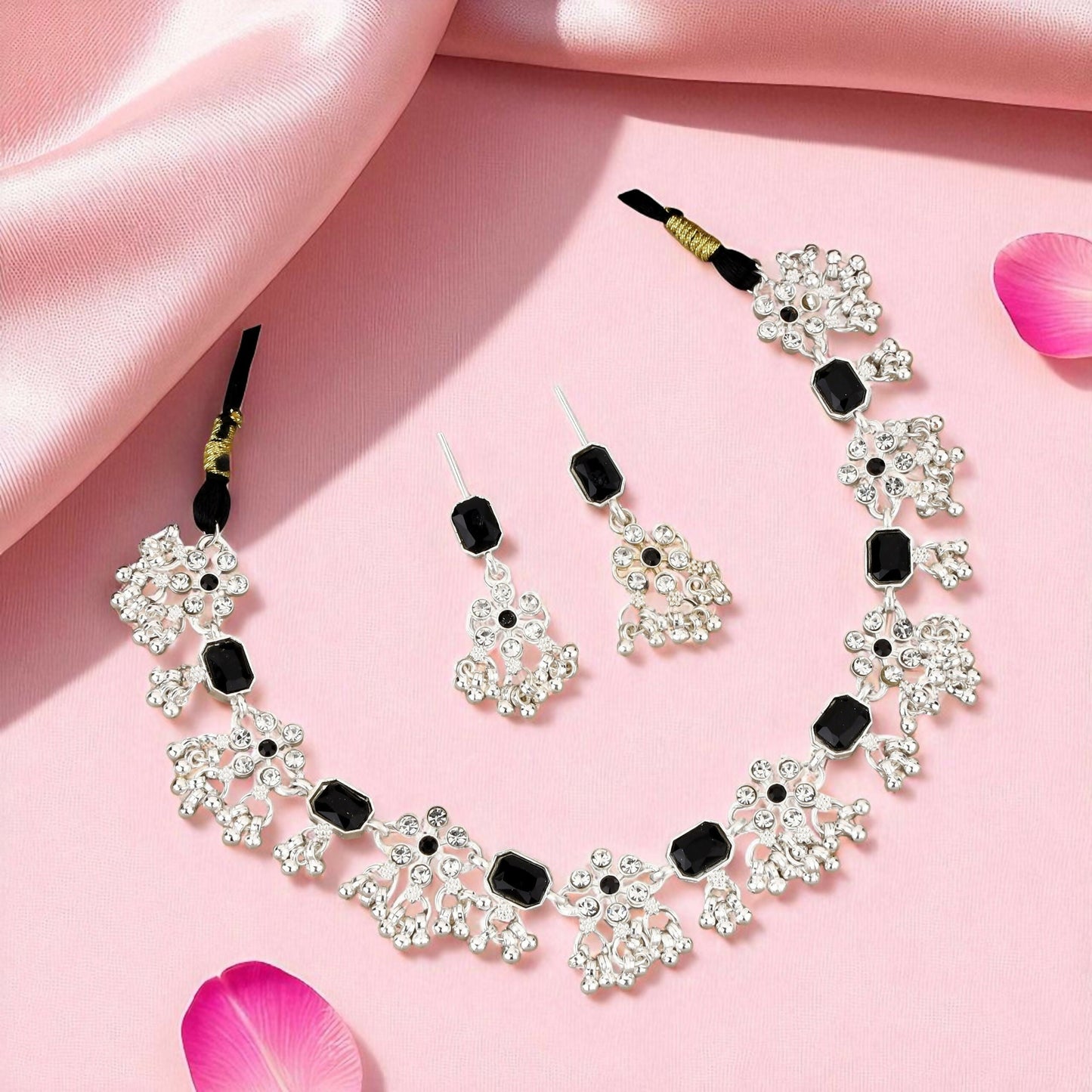 Striking Oxidized Silver-Toned Choker Set with Black Stones