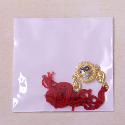 Antique Gold-Toned Vira Rakhi with Multicolor Enamel, Crystal Accents & Red Thread