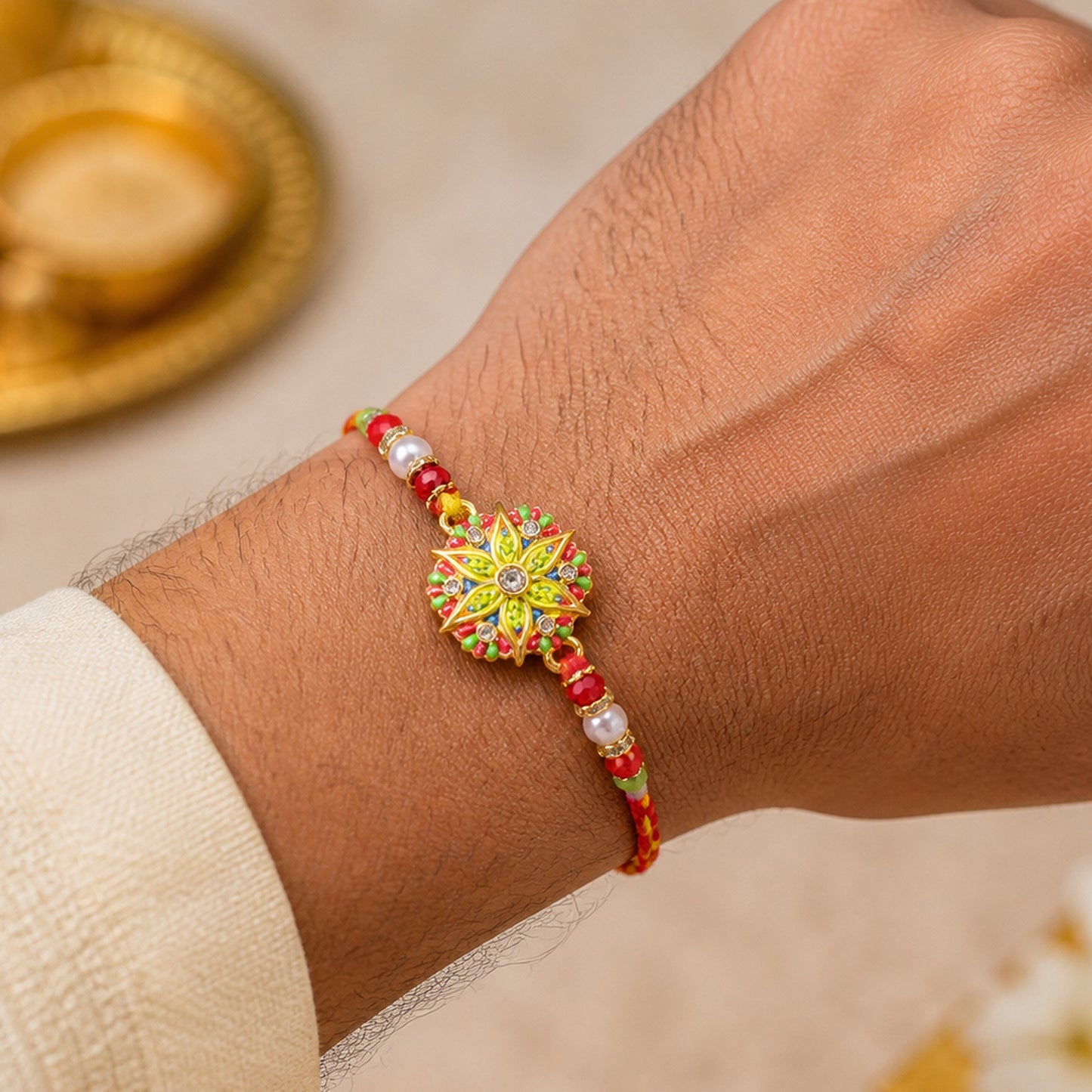 Star Design Floral Kundan Bhai Bhabhi Lumba Rakhi with Pearl Drops