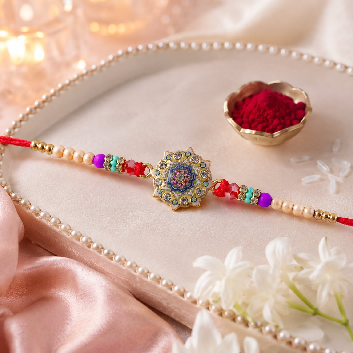 Rakhi for Brother Floral Mandala Enamel Gold Tone Design (10pcs)