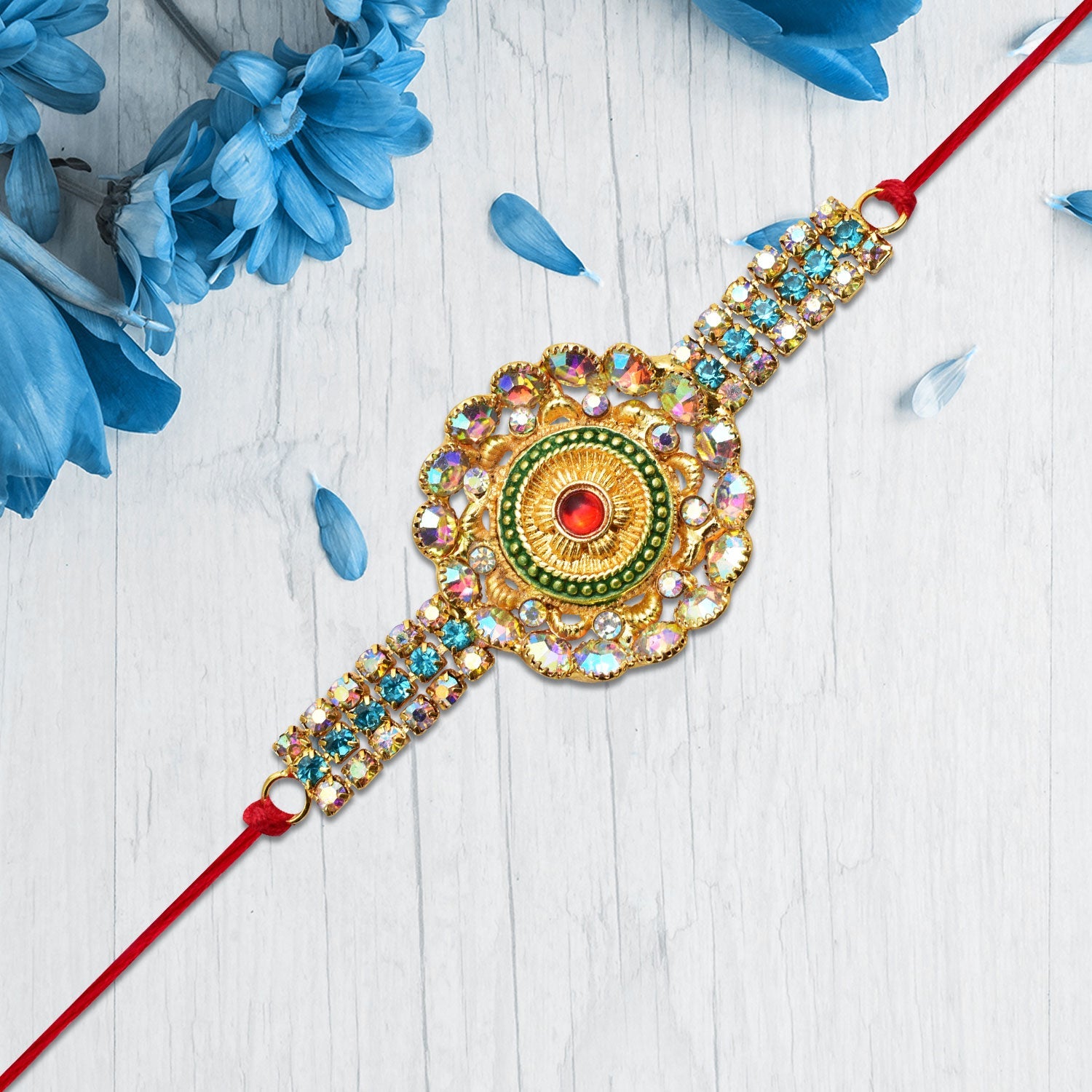 Kundan Rakhi Handcrafted Multicolor Stone Design for Brothers (5pcs)