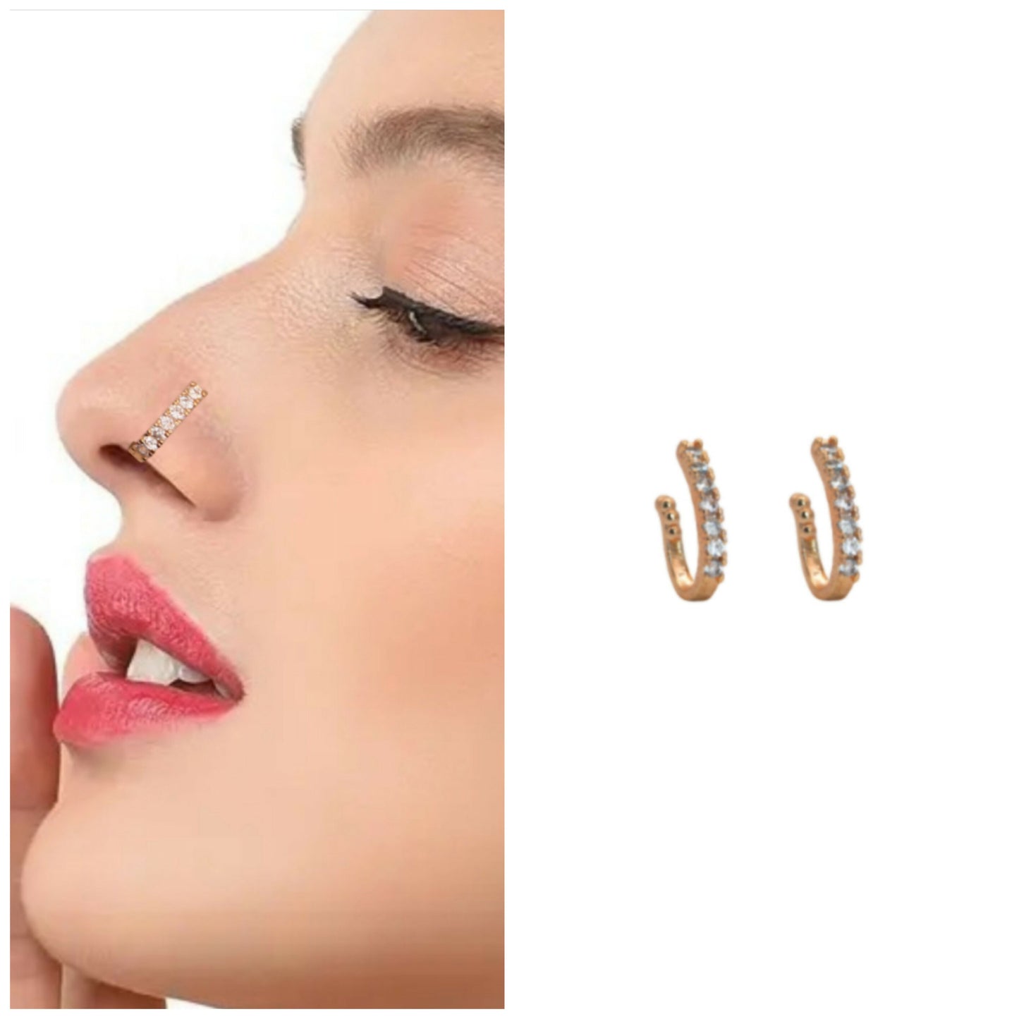 Rose Gold Plated CZ Stone Studded Adjustable Nose Ring Combo Pack of 2