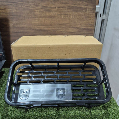 Modern black bathroom organizer rack holding essentials