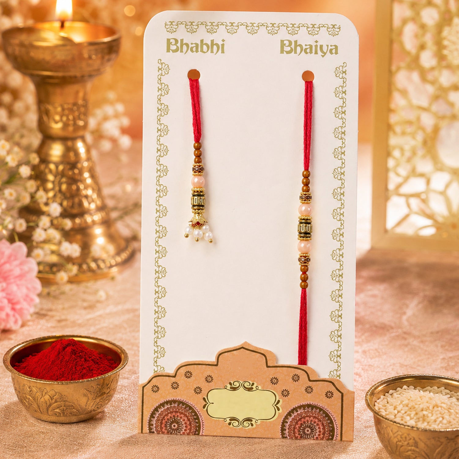 Beaded Minimal Design Bhai Bhabhi Rakhi with Cylinder Beads and Pearls for Gifting