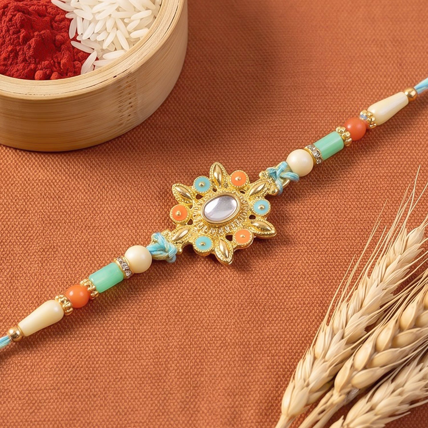 Sunflower Kundan Mirror Pendant Rakhi with Pastel Beads