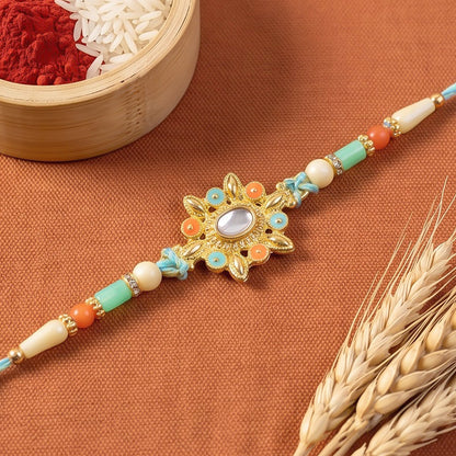 Sunflower Kundan Mirror Pendant Rakhi with Pastel Beads