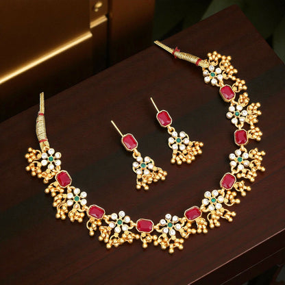 Gold-Plated Black Enamel Lotus Choker Set with Pearl Drops