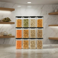 Airtight Kitchen Storage Container Set with Black Lid for Grains & Spices (12 Pcs 1200 ML)