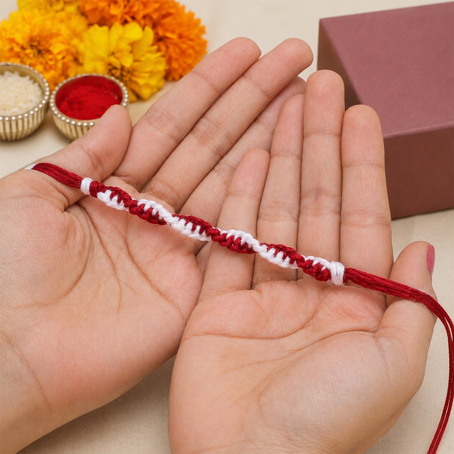 Maroon-White Twisted Cord Rakhi with Simple Beadless Design