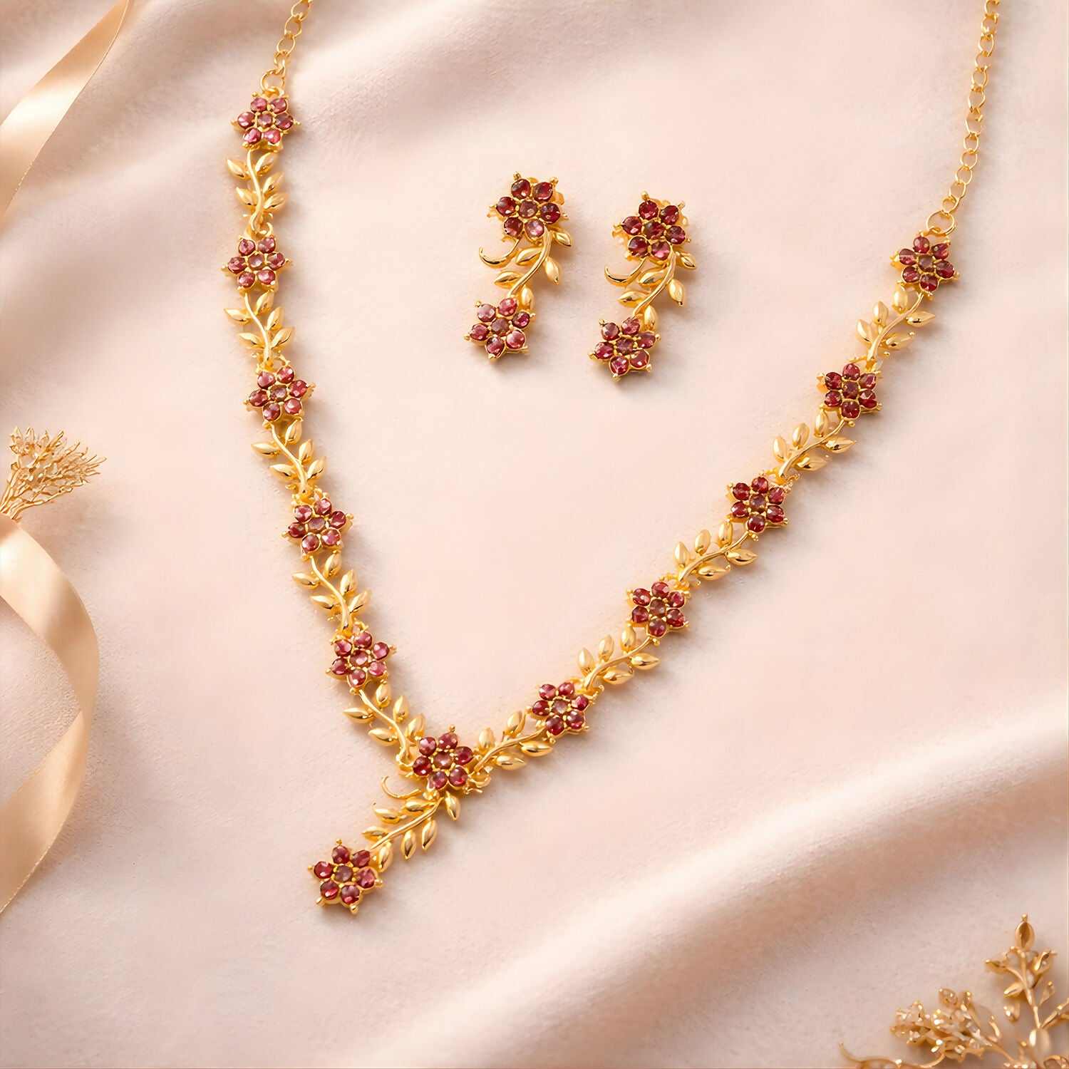 Everlasting Bloom V-Necklace with Ruby Floral Design and Elegant Gold Detailing