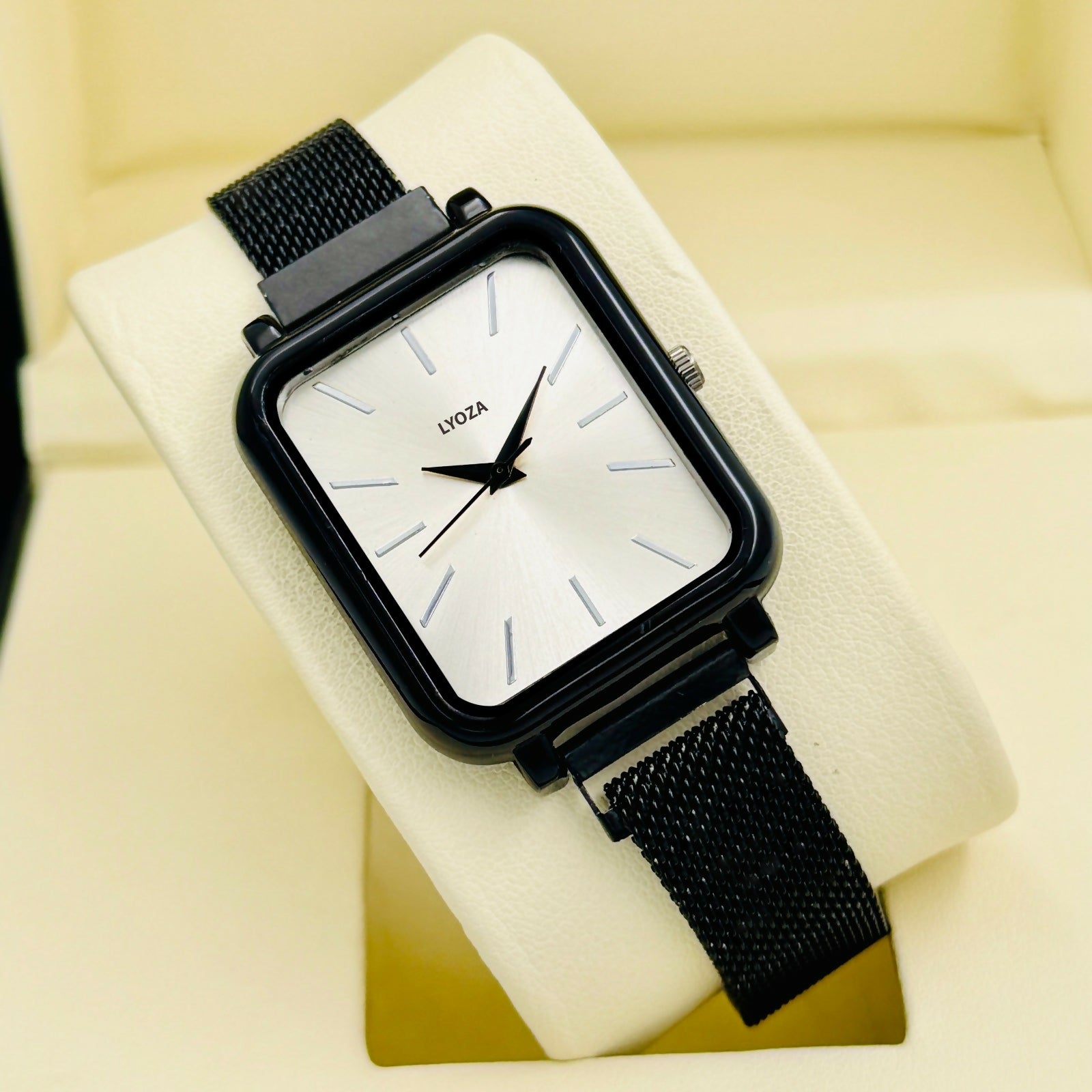 Square Black Case Mesh Strap Analog Watch