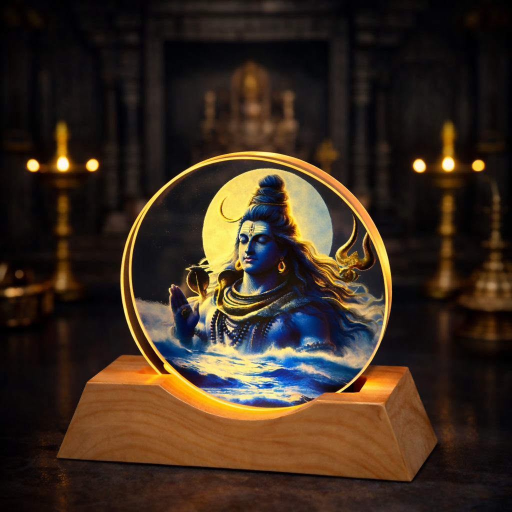 Lord Shiva Acrylic LED Night Lamp with Wooden Base | Devotional Light