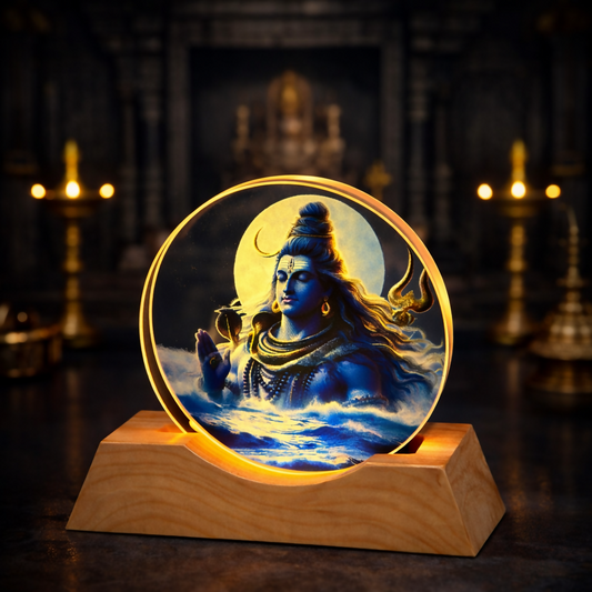 Lord Shiva Acrylic LED Night Lamp with Wooden Base | Devotional Light