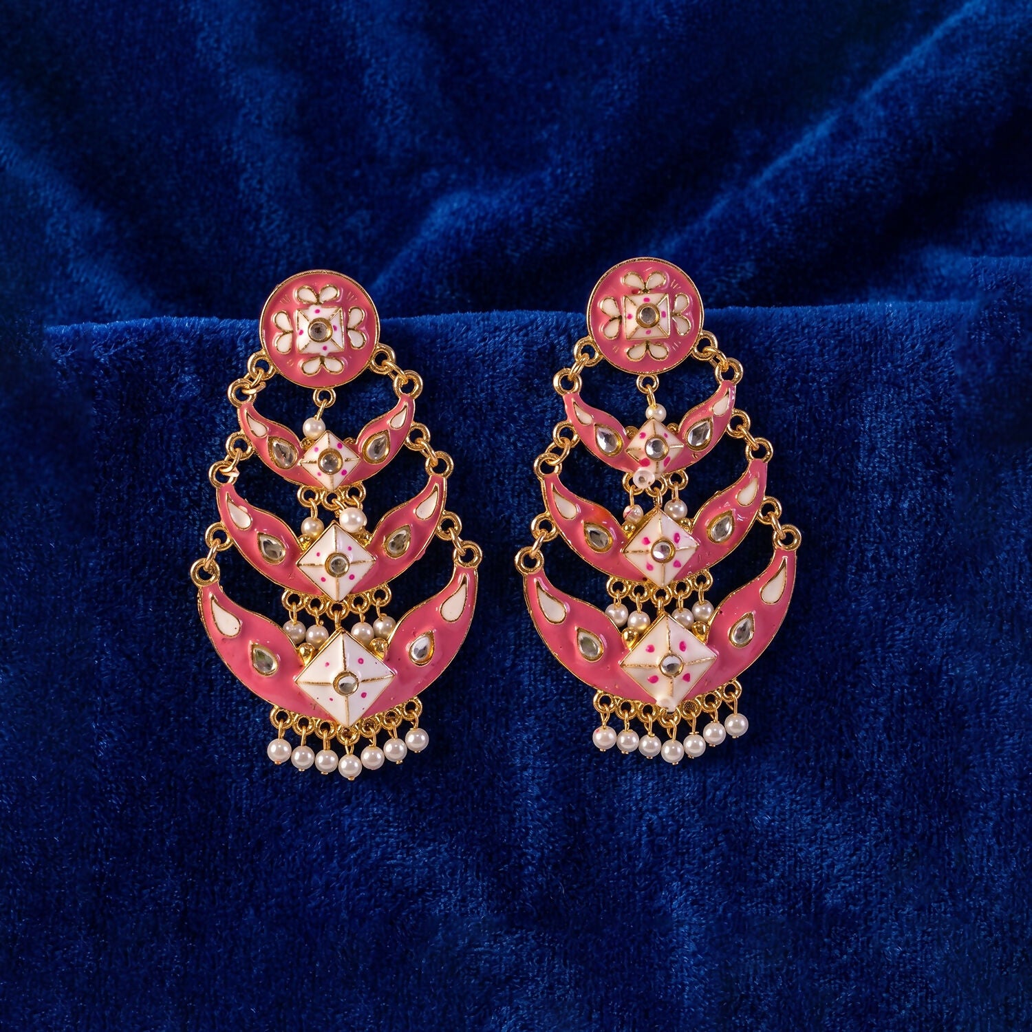 Elegant pink chandbali earrings with traditional pearl accents