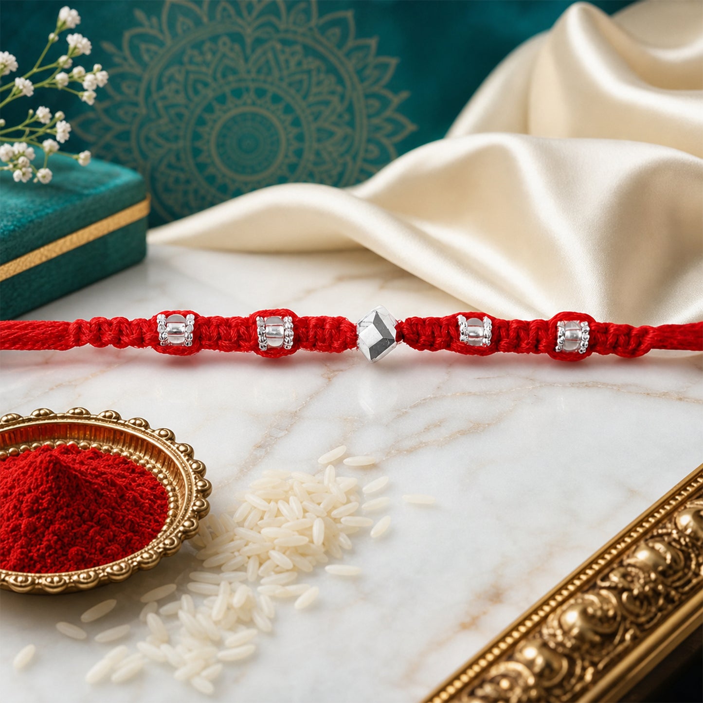 Red Thread Rakhi with Silver Square Beads and Diamond-Shaped Charm