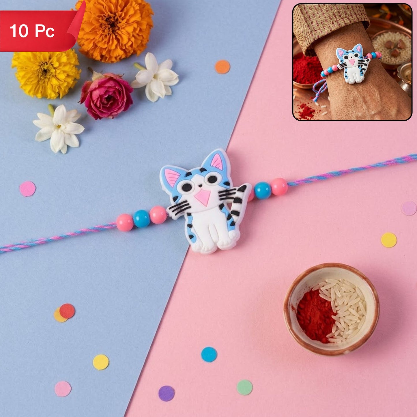 Rakhi Cute Cartoon Kitty Cat for Brother's Festive Gift (10pcs)