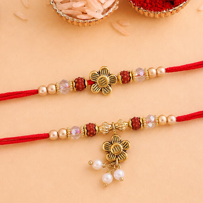 Divine Floral Motif Design Bhai Bhabhi Rakhi with Flower and Pearl Drop for Gifting
