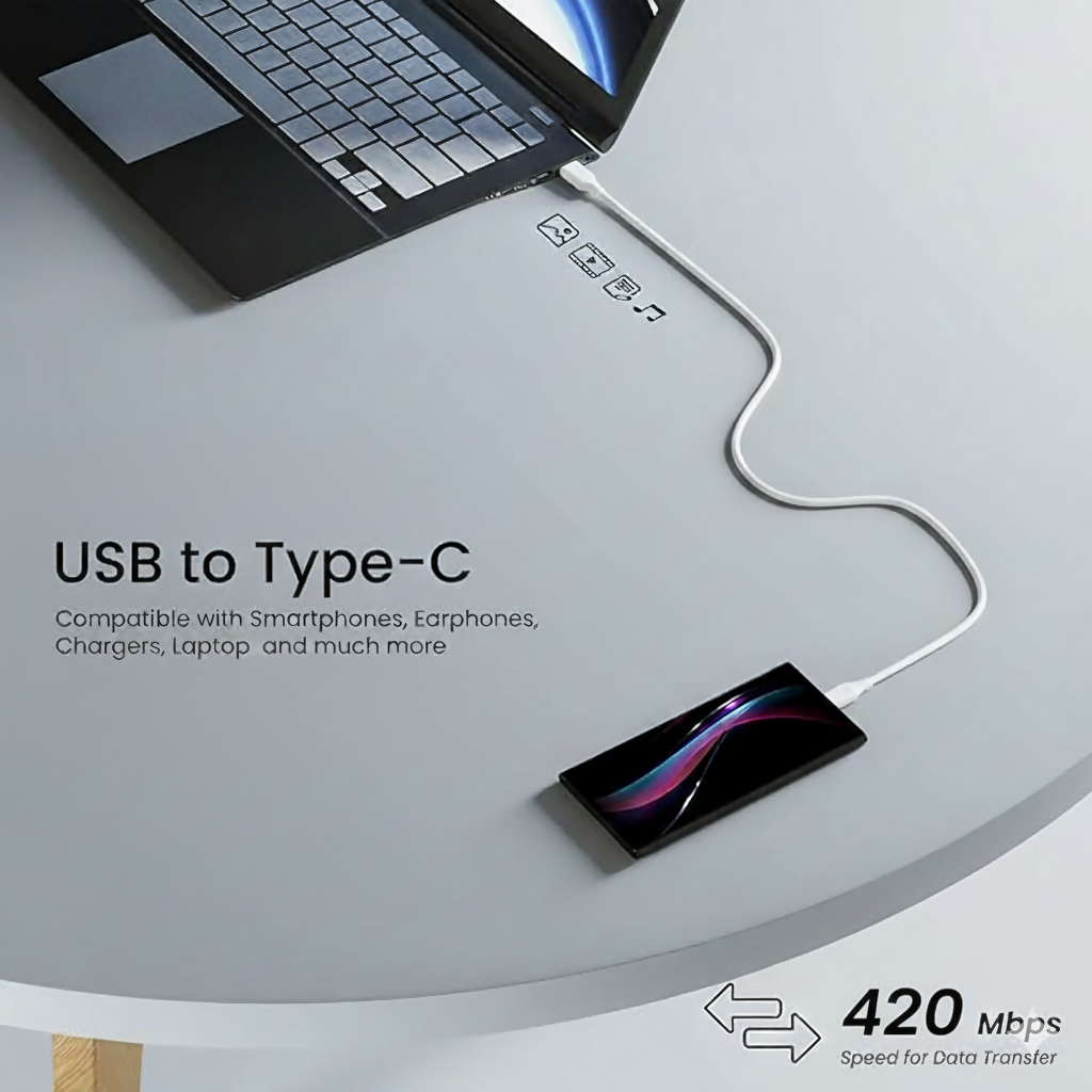 Uniteq FastLink USB A to Type C Cable white front view