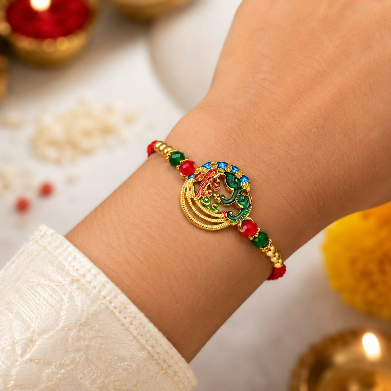 A person's wrist wears a red thread bracelet with a gold Meenakari peacock and Ganesha dial, flanked by red and green