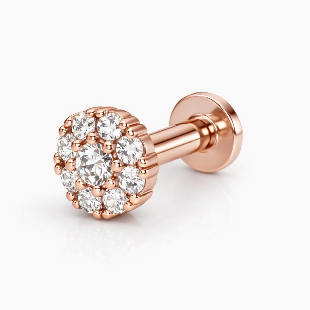 Flat-back labret rose gold nose pin featuring a diamond-style sparkling floral cluster