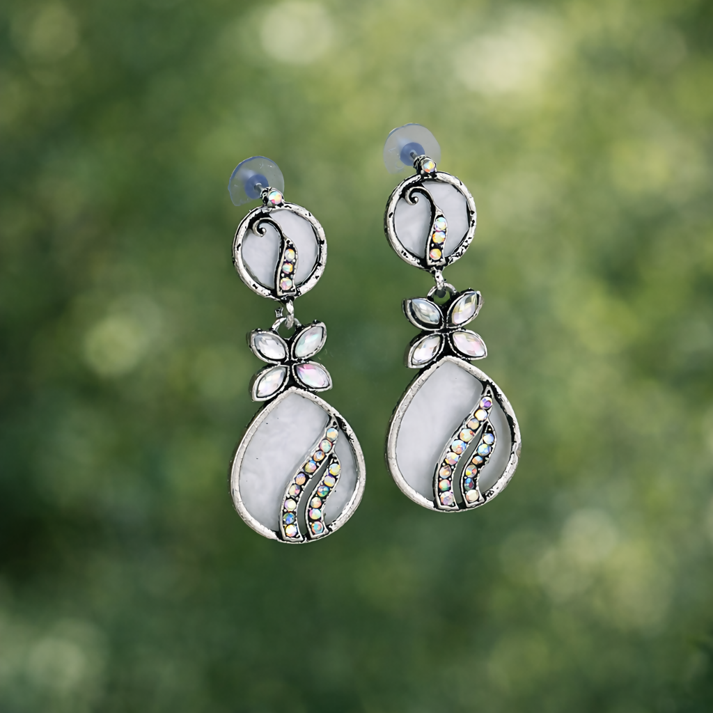 Oxidised White Stone Drop Silver Jhumka Earings