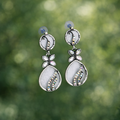 Oxidised White Stone Drop Silver Jhumka Earings