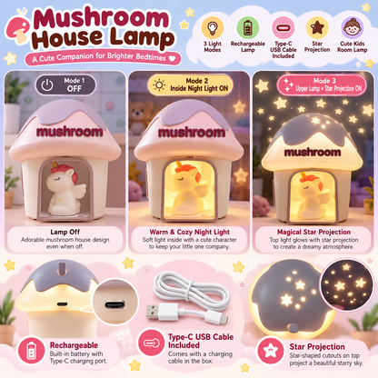 Infographic showing three light modes of the mushroom house lamp, charging port, and star projection feature.