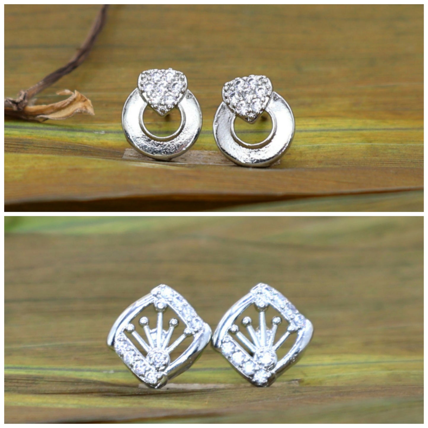 Set of two pairs of silver cubic zirconia stud earrings with anti-tarnish finish