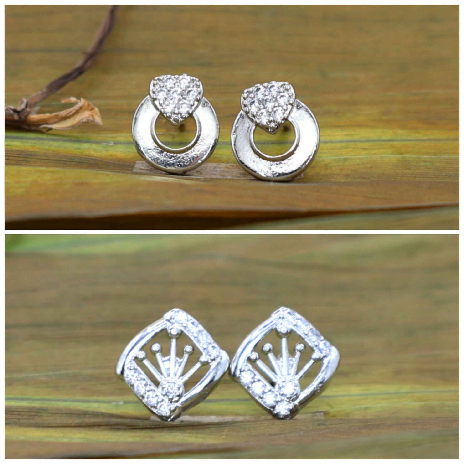 Set of two pairs of silver cubic zirconia stud earrings with anti-tarnish finish
