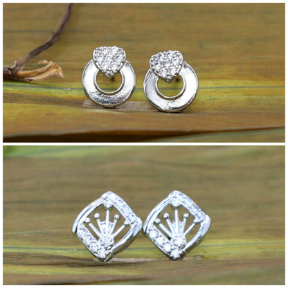 Set of two pairs of silver cubic zirconia stud earrings with anti-tarnish finish