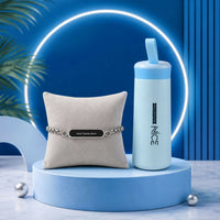Personalized Name Engraved Silver Rakhi & Sky Blue Vacuum Flask Combo Gift for Bhai