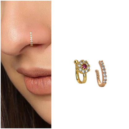 Ruby CZ Gold Plated Non-Piercing Flower Nose Ring/Clip-On Nath Combo Pack of 2