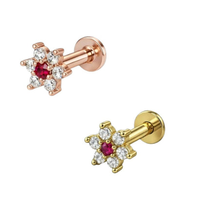 Ruby flower nosepin studs with brilliant-cut crystal halo in gold and rose gold plating
