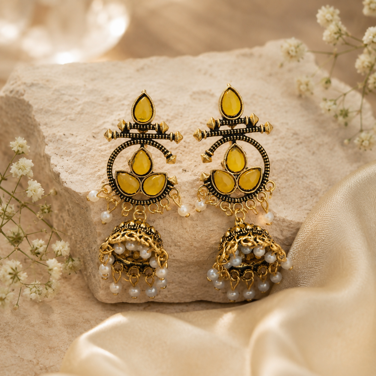 Traditional Gold Plated Jhumka Earrings for Women with Pearl Hanging Beads - Black