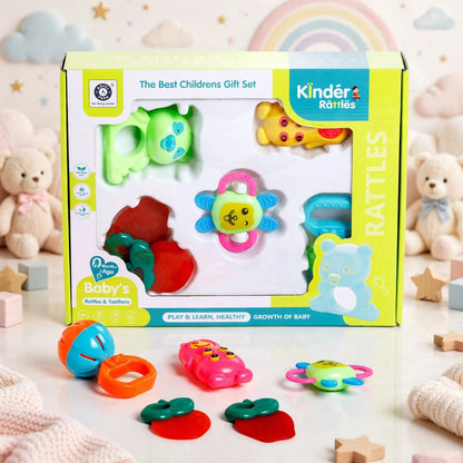 A colorful 6-piece baby rattles and teethers toy set displayed in an open box with several toys also arranged in front.