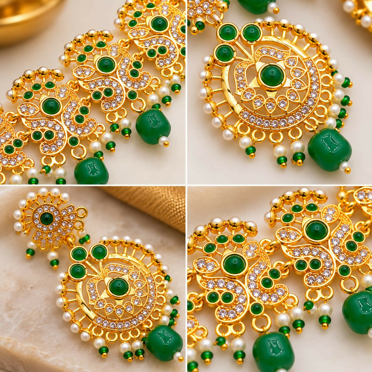 A four-panel close-up view of the intricate gold-plated necklace and earring designs, featuring green beads and white stones.