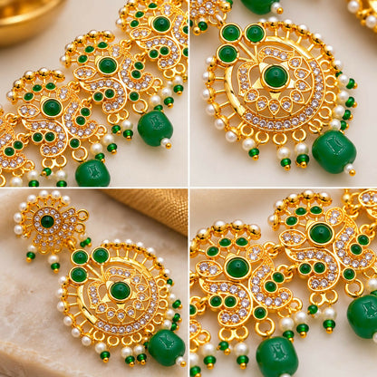 A four-panel close-up view of the intricate gold-plated necklace and earring designs, featuring green beads and white stones.