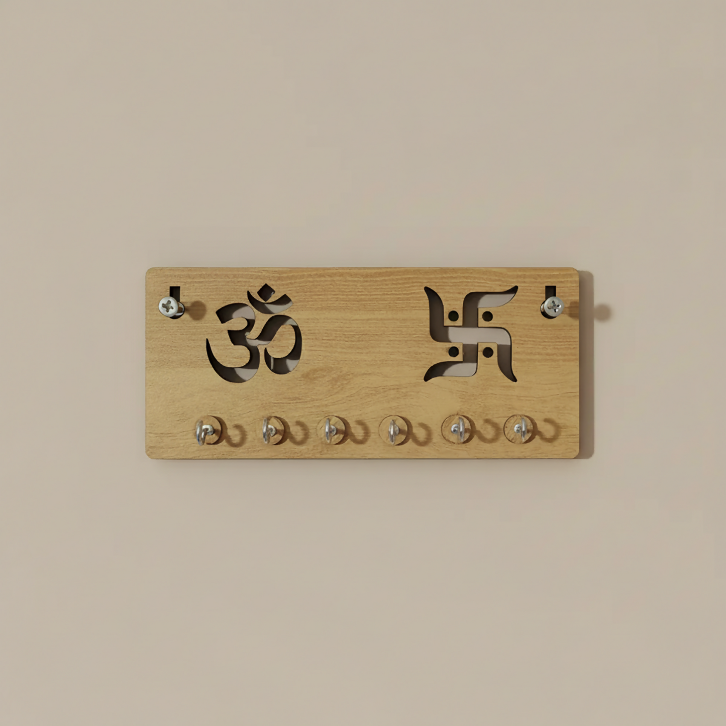 Wooden Key Holder for Wall – Om & Swastik MDF Key Organizer with 6 Hooks | Spiritual Wall Key Stand for Home Décor