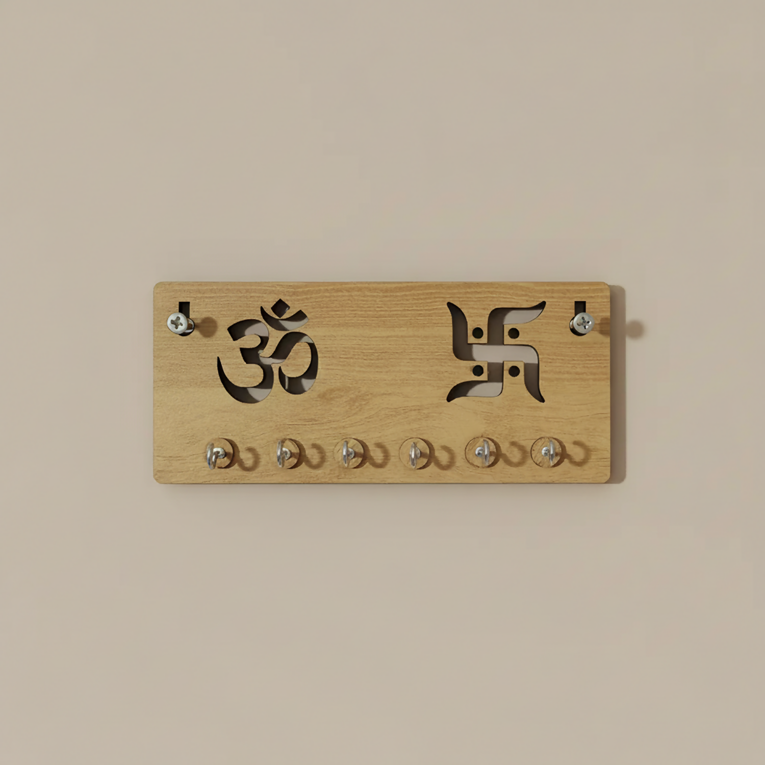 Wooden Key Holder for Wall – Om & Swastik MDF Key Organizer with 6 Hooks | Spiritual Wall Key Stand for Home Décor