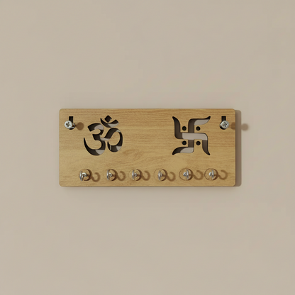 Wooden Key Holder for Wall – Om & Swastik MDF Key Organizer with 6 Hooks | Spiritual Wall Key Stand for Home Décor