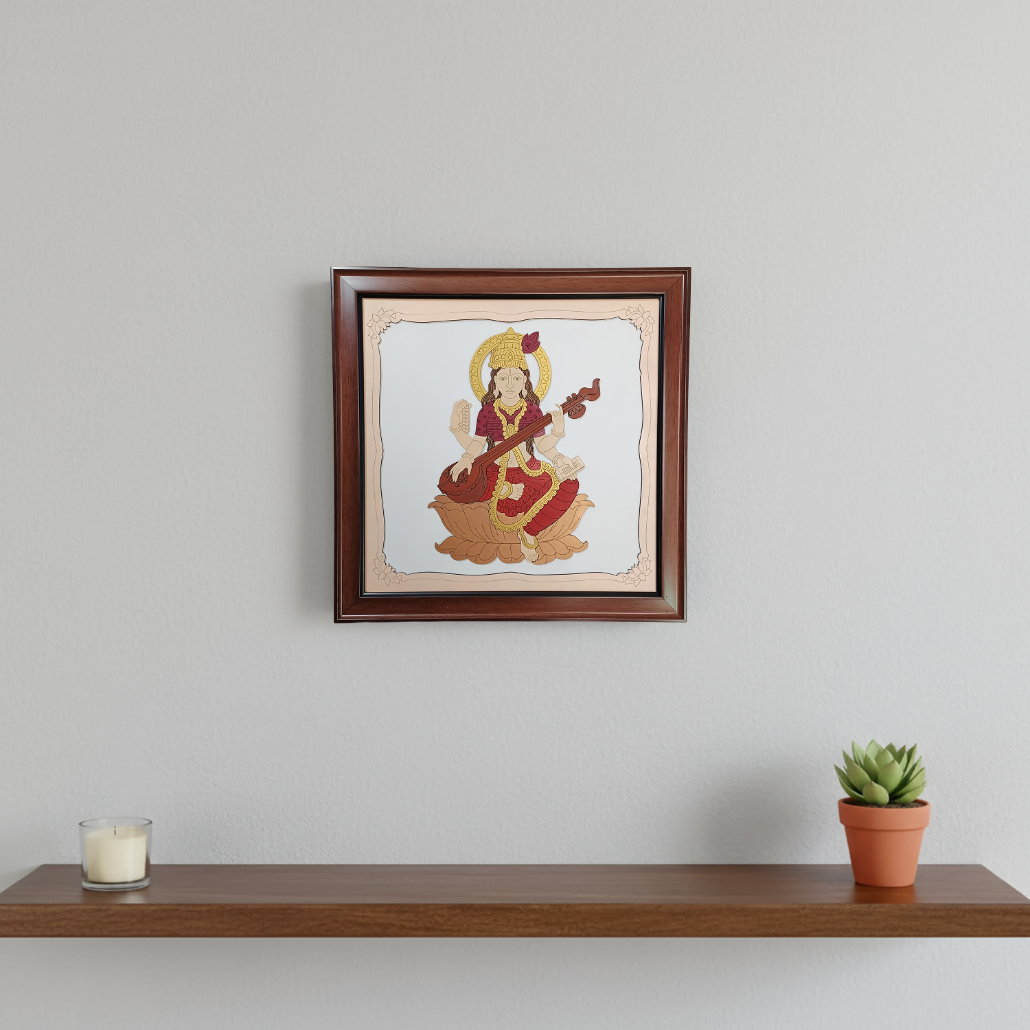 Goddess Saraswati Wooden Framed Wall Art | Handcrafted Hindu Religious Painting for Home, Office & Pooja Room | Premium Spiritual Decor