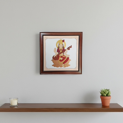 Goddess Saraswati Wooden Framed Wall Art | Handcrafted Hindu Religious Painting for Home, Office & Pooja Room | Premium Spiritual Decor