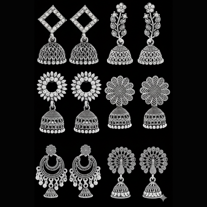 Traditional Oxidised Silver Jhumka Earrings Set Stylish Big Jhumki (6Pair Combo)