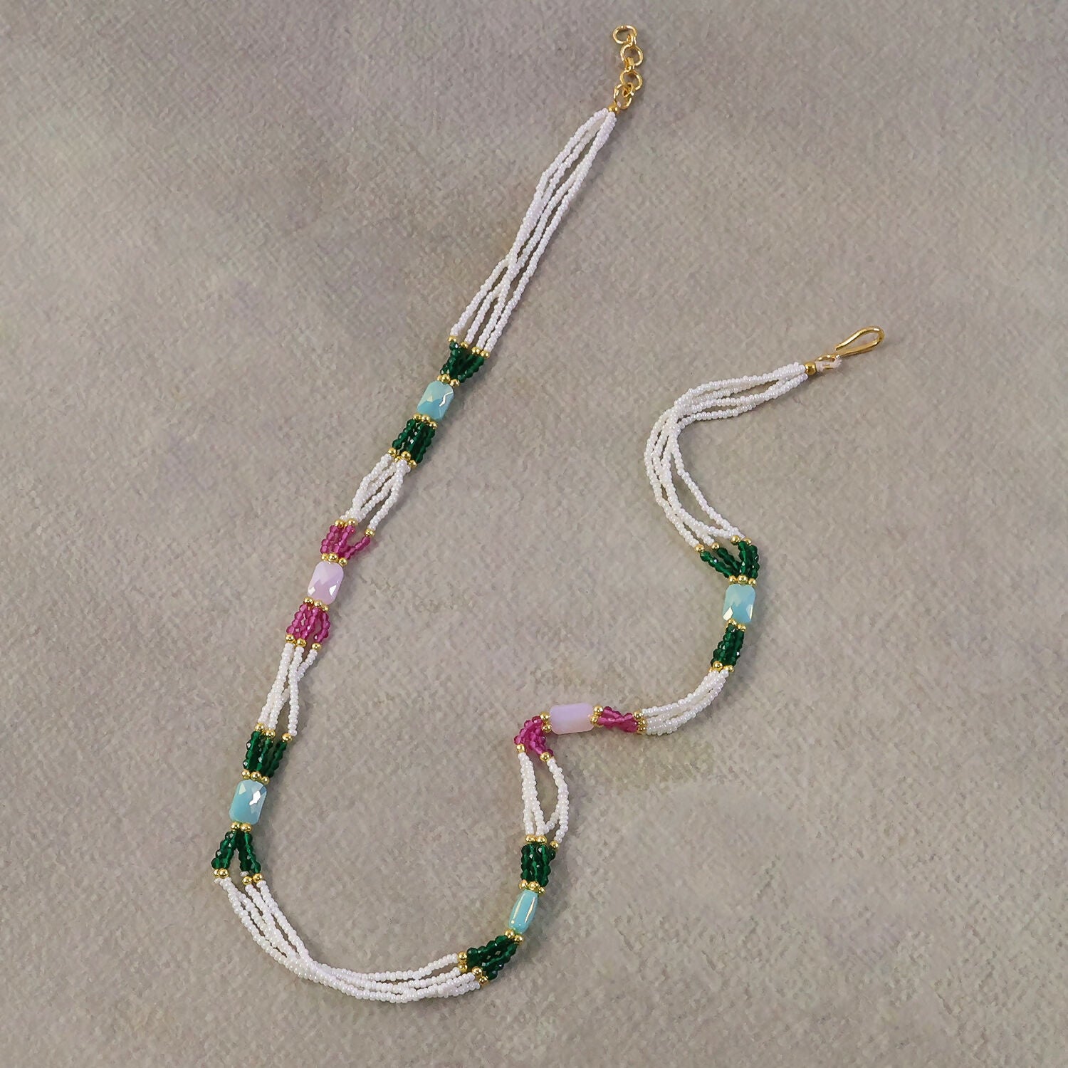 Multicolor mala necklace styled with modern outfit