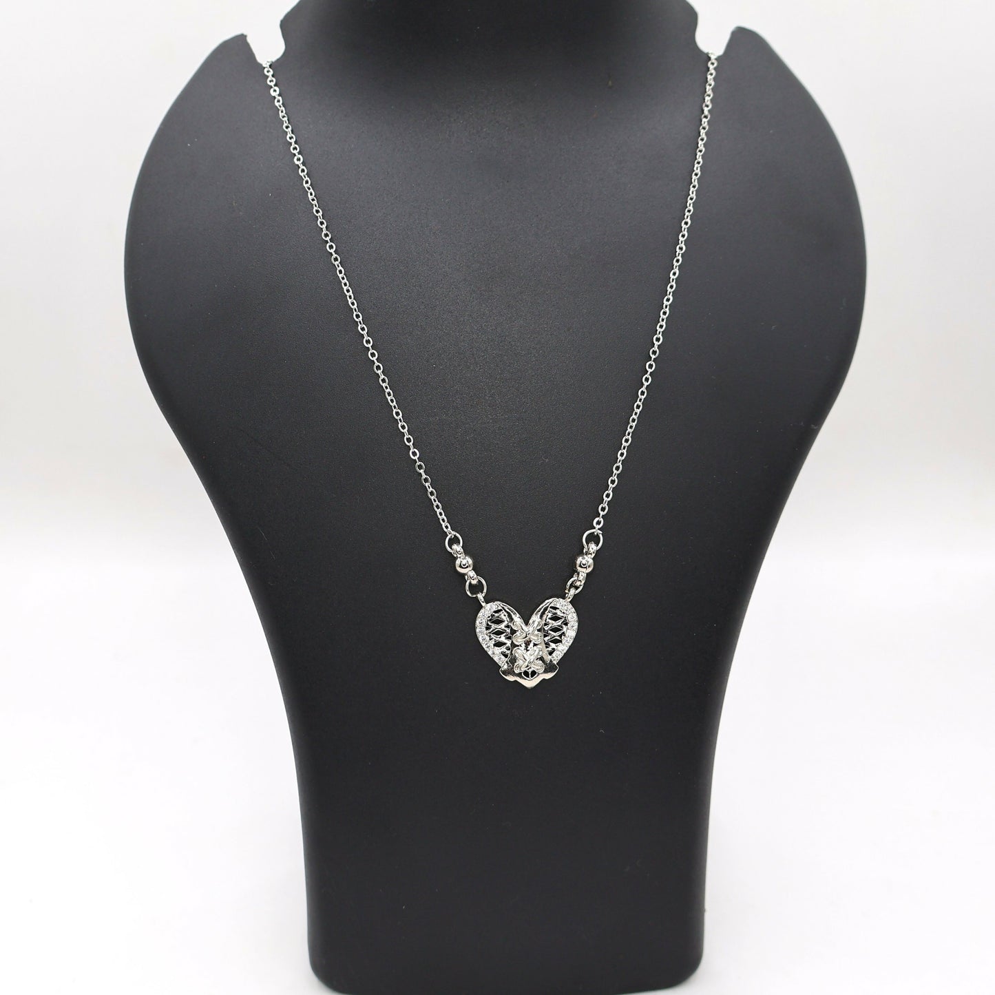 Silver Tone AD Filigree Heart Pendant Necklace for Women