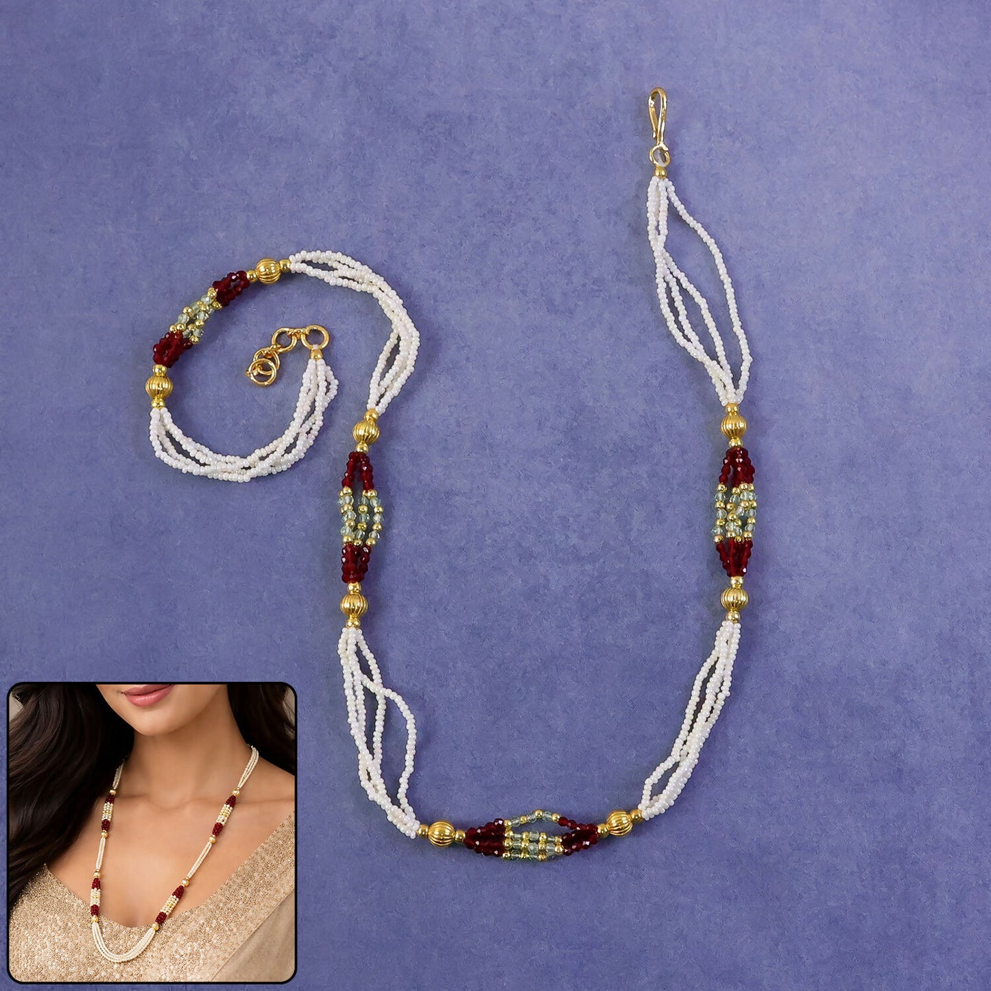 Handmade Multi Strand Pearl Beaded Mala Necklace Red Gold Ethnic Jewelry for Women