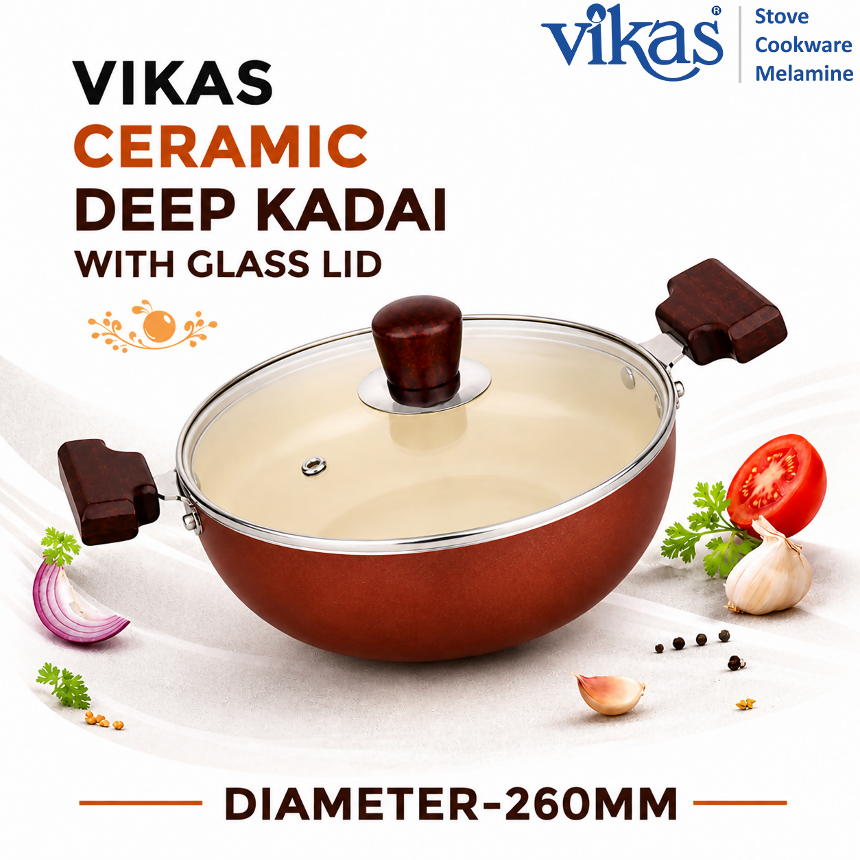 Vikas Ceramic Deep Kadai with glass lid and wooden handles